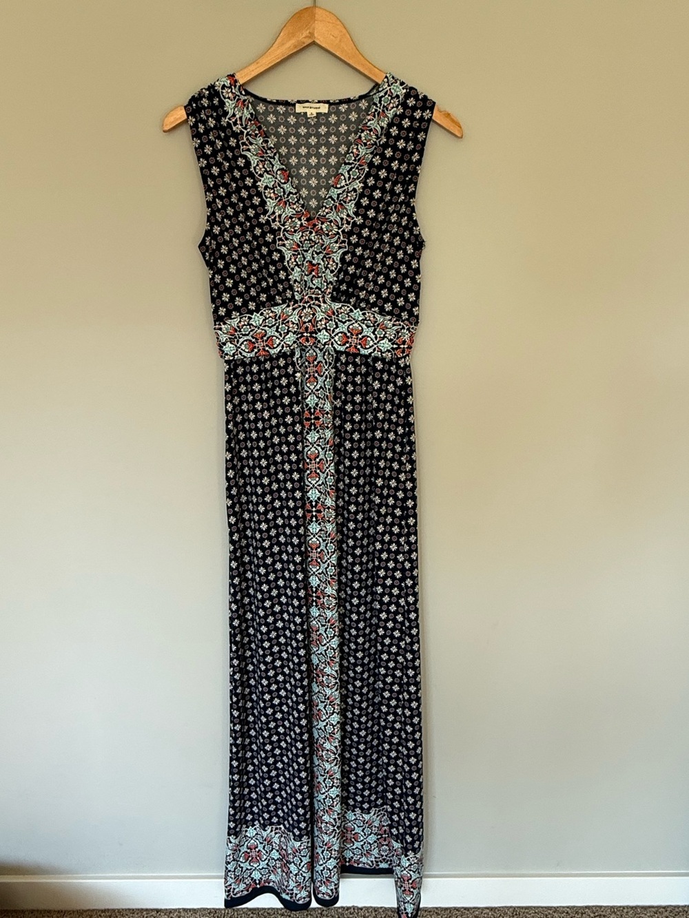 Max Studio Black Maxi Dress with Turquoise & Coral Border Print